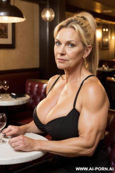 Bigger arms, photo of a strong woman curvy, whole body, mature cougar, grandmother, gilf, ponytail, looking at the camera, blonde, very hairy pussy, dense blonde pubic hair, stronger arms, stronger - ai-porn.ai on pornsimulated.com