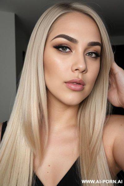Face view only. kissing lips, blonde straight hair, chubby rectanglar face, square jaw, dark eye shw and eyebrows. long nose. big eyelashes. straight, eyebrows. looking straight at the camera. - ai-porn.ai on pornsimulated.com
