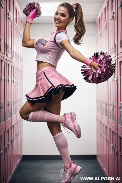 Inside a locker room, athletic blonde, cheerleader, toned thighs, toned ass, toned abs, curvy, white sneakers, knee high socks, standing gystyle fuck, round face, ass fuck, running makeup, ruined makeup, smudged eyeliner, - ai-porn.ai on pornsimulated.com