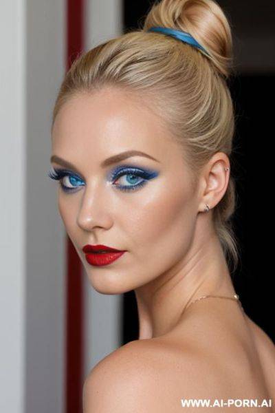 Blonde, red lipstick, naked, hair bun, blue eyes - ai-porn.ai on pornsimulated.com
