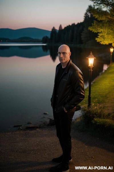 One man in casual outfit, no beard, nearly bald, near a lake, evening, torchlight - ai-porn.ai on pornsimulated.com