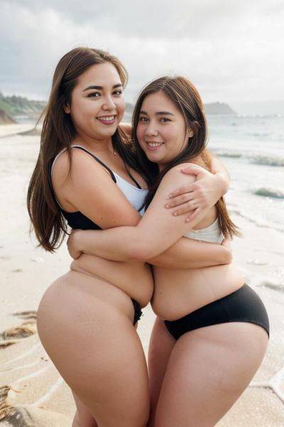 Two women hugging, stand up, hands on hips, wind in hair, windswept hair, thick arms, legs open, arms behind back, long hair, thick arms, bbw, shortstack, legs apart, highly detailed skin, - ai-porn.ai on pornsimulated.com