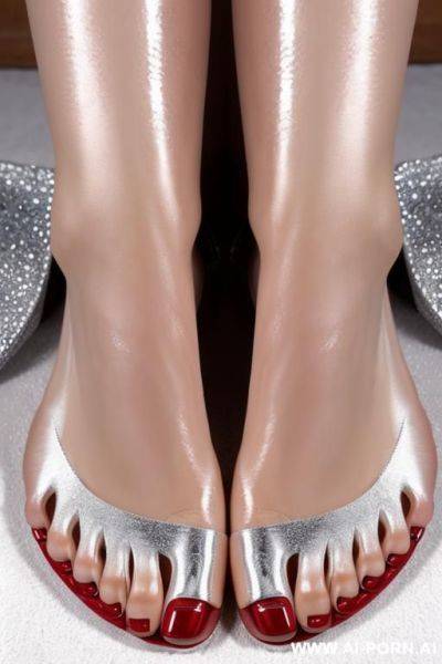 Extremely long toenails that make up most of the toes. more toenail than toe. super shiny chrome toenails. feet view - ai-porn.ai on pornsimulated.com