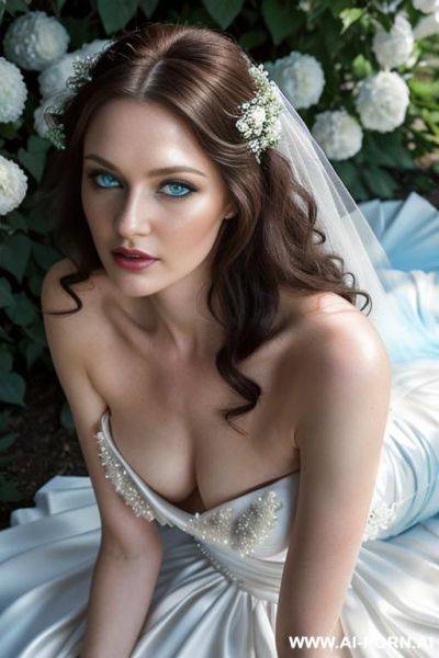 _photorealistic, very beautiful bride, wedding dress in flower garden, topless, show nipples, (light blue eyes), very white skin, goth skin, concave nose - ai-porn.ai on pornsimulated.com