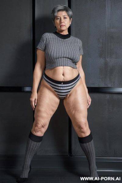 (((0 year old grandmother))), (((short gray hair))), (((very visible age marks))), (((triangular hips))), (((thick thighs))), (((blue shirt with black vertical stripes))), (((black panties))), (((long black - ai-porn.ai on pornsimulated.com