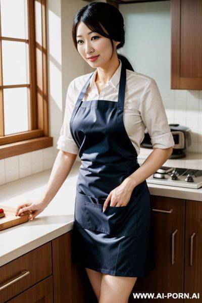 Japanese woman, housewife, wearing an apron, in a kitchen - ai-porn.ai - Japan on pornsimulated.com