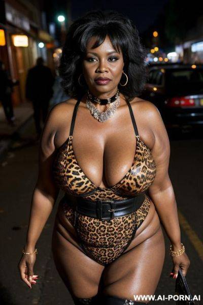 Old milf, animal print hooker outfit, necklace, chocker, elry, street night, waist shot - ai-porn.ai on pornsimulated.com