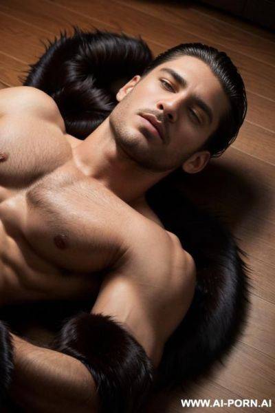 Sexy man.with wavy slicked back hair. he is shirtless, but is wearing a fur coat.. his hands are above his head. he is pinned to the floor. the camera is above him. he is laying on his back. model pose. sexy scene. upper camera view. full body. - ai-porn.ai on pornsimulated.com