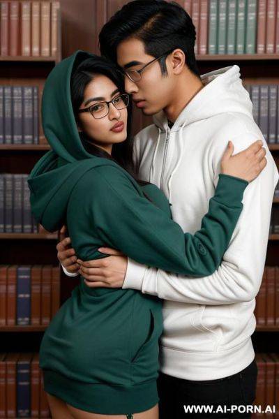 (nerdy pakistani woman) (unzipped hoodie (expose breasts)) (hugging (asian male)) - ai-porn.ai - Pakistan on pornsimulated.com