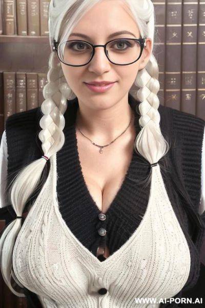 (((white hair)), ((twintails)), (humongous breasts), ((black sweater vest)), (deep cleavage), (buxom), (nerdy glasses), (no bra), (tight slacks), library - ai-porn.ai on pornsimulated.com