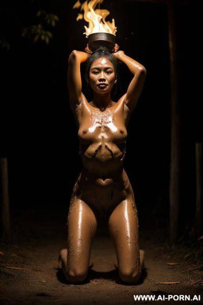 Nude woman, outside, native village, tied to a post, arms above her head, on her knees, head down, wet, fire light, dramatic lighting, monster - ai-porn.ai on pornsimulated.com
