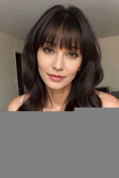 Sexy 1-old woman. she has shoulder-length, wavy brunette hair with bangs, a breast, . brown eyes. wears pyjama for sleepover - ai-porn.ai on pornsimulated.com