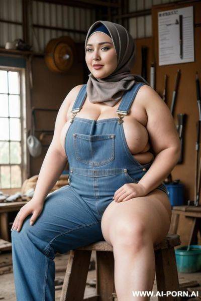 Happy curvy russian chubby wife topless wearing hijab and overalls sitting with old african man in workshop - ai-porn.ai - Russia on pornsimulated.com