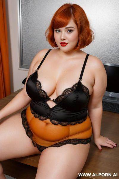 Full body photo shot, about at classroom, so fat bbw chubby with love handless and tummy, she is wet and very excited, heart-shaped face, wearing a sexy and hot, orange lace stocking lingeries, leg´s up, short hair. - ai-porn.ai on pornsimulated.com