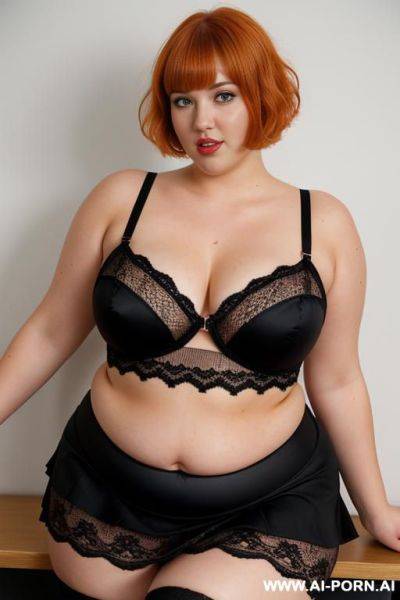 Full body photo shot, about at classroom, realy fat bbw chubby with love handless and tummy, she is wet and very excited, heart-shaped face, wearing a sexy and hot, orange lace stocking lingeries, short hair. - ai-porn.ai on pornsimulated.com