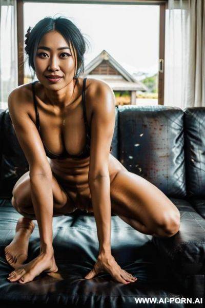 Nude woman, outside, exterior native village, bonfire, tied up, tied to a stake, ropes, arms above her head, on her knees, head down, dark, wet, black splatter, dramatic lighting, monster, wide - ai-porn.ai on pornsimulated.com