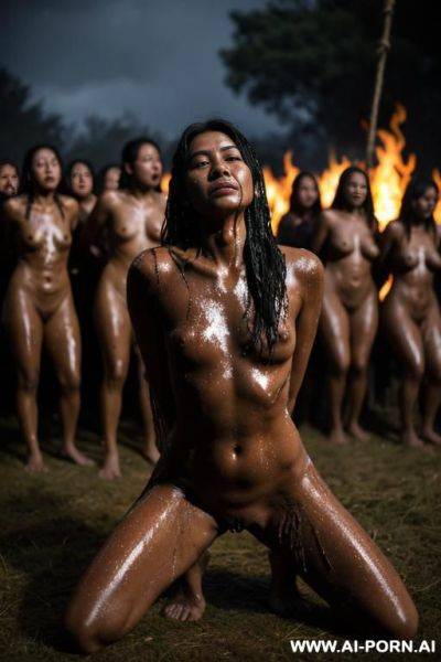 Nude woman, outside, exterior native village, bonfire, tied up, tied to a stake, ropes, arms above her head, on her knees, head down, dark, wet, black splatter, dramatic lighting, monster, wide shot, female villagers surrounding her, touching her - ai-porn.ai on pornsimulated.com