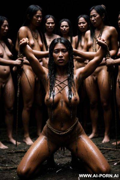 Nude woman, outside, exterior native village, bonfire, tied up, tied to a stake, ropes, arms above her head, on her knees, head down, dark, wet, black splatter, dramatic lighting, monster, wide shot, male and female villagers watching in a circle - ai-porn.ai on pornsimulated.com