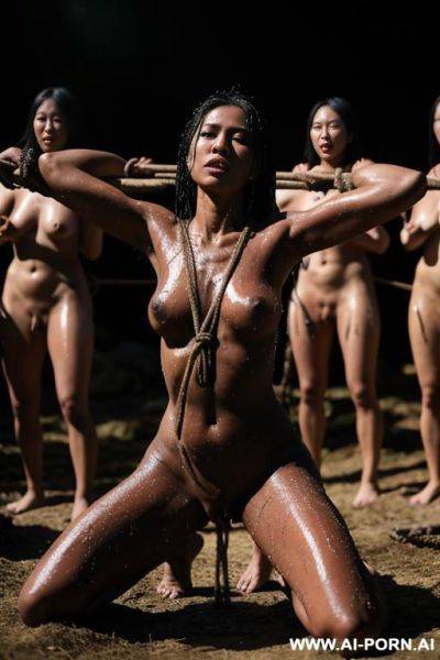 Nude woman, outside, exterior native village, bonfire, tied up, tied to a stake, ropes, arms above her head, on her knees, head down, dark, wet, black splatter, dramatic lighting, monster, wide shot, male and female villagers watching - ai-porn.ai on pornsimulated.com