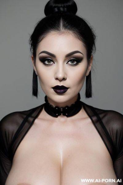 Milf, black lipstick, naked, hair bun, makeup, skin, chubby, white skin, skin, gothic - ai-porn.ai on pornsimulated.com