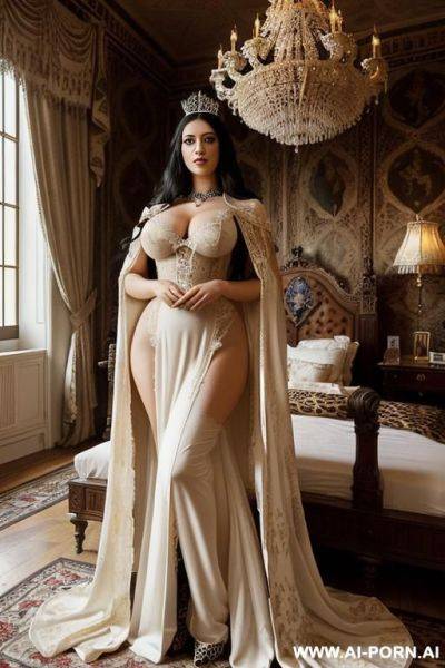 Realistic, high definition, realistic expression, beautiful, castle bedroom, royal room, royalty, expensive, expensive fabric, bimbo, slut, whore, temptress, empress, leopard print, luxury, french, white skin, sex, cape, robe - ai-porn.ai - France on pornsimulated.com