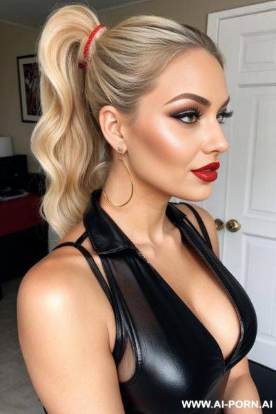 Ponytail, blonde, red lipstick, milf, makeup, long curly hair - ai-porn.ai on pornsimulated.com