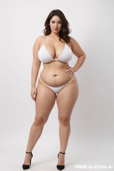 Fair skin, bright eyes, wide hips, thick thighs, long legs, revealing clothes, front view, (white background) - ai-porn.ai on pornsimulated.com
