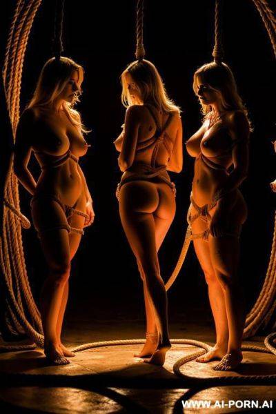 Blonde woman, totally naked, barefoot, in hell, rope bondage, whipped by demon, group of women, dramatic lighting - ai-porn.ai on pornsimulated.com