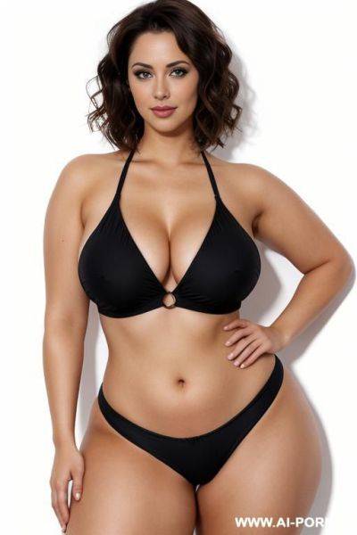 Fair skin, bright eyes, wide hips, thick thighs, long legs, skimpy bikini, front view, (white background) - ai-porn.ai on pornsimulated.com