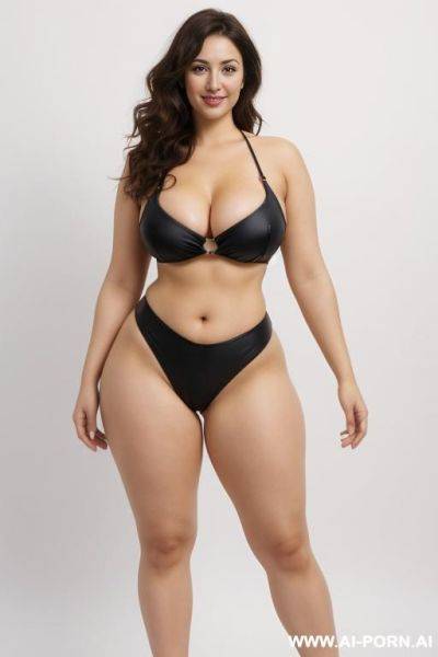 Fair skin, bright eyes, wide hips, thick thighs, long legs, yellow microkini, front view, (white background) - ai-porn.ai on pornsimulated.com