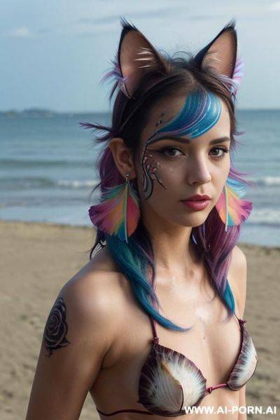 Face, sexy, beautiful, ((face painting)), ((bikini as seashell)), ((tattoo roses)), ((eyes shw)), ((angel wings)), ((rainbow hair)), ((long bu hair)), ((wind)), (( cat face)), (( cat ears)), (((feather - ai-porn.ai on pornsimulated.com