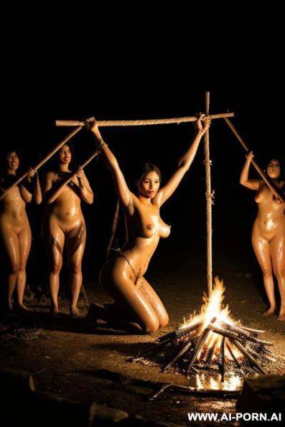 Nude woman, outside, exterior native village, bonfire, tied up, tied to a stake, ropes, arms above her head, on her knees, head down, dark, wet, black splatter, dramatic lighting, monster, wide shot, villagers watching - ai-porn.ai on pornsimulated.com