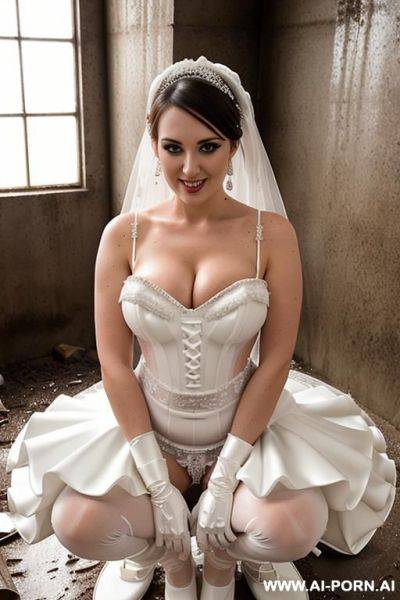 Latex bride, frilly tutu, dirty, sweat stained, squatting over pile of mud, covered in dirt stains, covered in chocolate stains, (panties full of dirt), horny, ahegao, happy - ai-porn.ai on pornsimulated.com