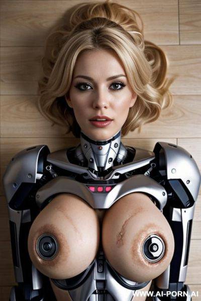 Damaged blonde robot, huge tits, lying on floor, torn skin in chest exposing robotic parts inside - ai-porn.ai on pornsimulated.com
