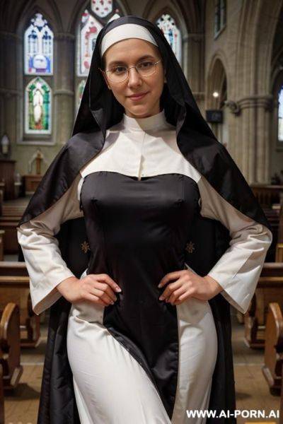 Standing in church reading the bible , wearing modest habbit, nun is wearing very modest fully black or white habbit, - ai-porn.ai on pornsimulated.com