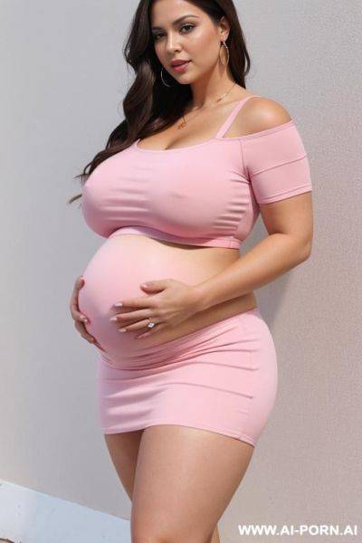 Pregnant brunette with a huge round fat ass, fat thick thighs. she is in a tight pink crop top and low waisted skirt that shows her belly. gigantic breasts - ai-porn.ai on pornsimulated.com