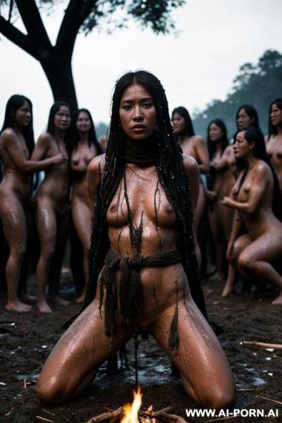 Nude woman, outside, exterior native village, bonfire, tied up, tied to a stake, ropes, arms above her head, on her knees, head down, dark, wet, black splatter, dramatic lighting, monster, wide shot, female villagers surrounding her, touching her - ai-porn.ai on pornsimulated.com