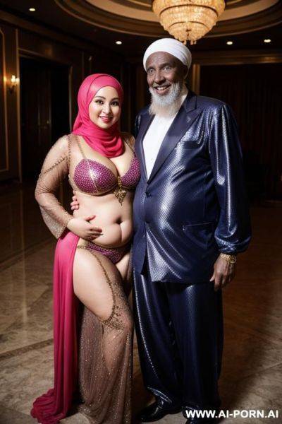 Smiling curvy russian chubby wearing hijab and belly dancing suit costume standing with old african man - ai-porn.ai - Russia on pornsimulated.com