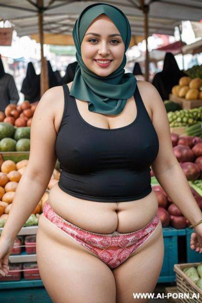 Smiling curvy russian chubby wearing hijab، sleeveless shirt and panties standing in market - ai-porn.ai - Russia on pornsimulated.com