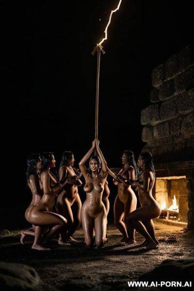Nude woman, outside, night, exterior native village, lava, tied up, tied to a stake, ropes, arms above her head, on her knees, head down, dark, wet, black splatter, dramatic lighting, monster, wide shot, female villagers surrounding her - ai-porn.ai on pornsimulated.com