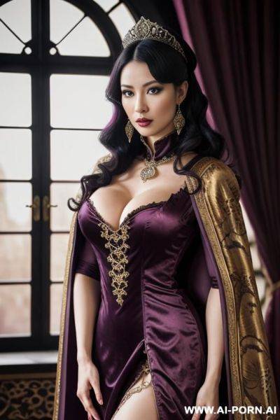 Realistic, high definition, realistic expression, beautiful, castle bedroom, royal room, royalty, expensive, expensive fabric, bimbo, slut, whore, temptress, empress, leopard print, luxury, french, white skin, sex, cape, robe - ai-porn.ai - France on pornsimulated.com