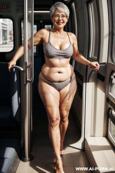 Older woman, short grey hair, dark pubic hair, huge saggy natural breasts, round belly, medium ass, thick build, with glasses , standing naked - ai-porn.ai on pornsimulated.com