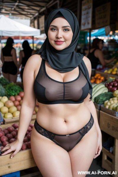 Smiling curvy russian thick wife wearing hijab، sleeveless shirt and panties standing in market - ai-porn.ai - Russia on pornsimulated.com
