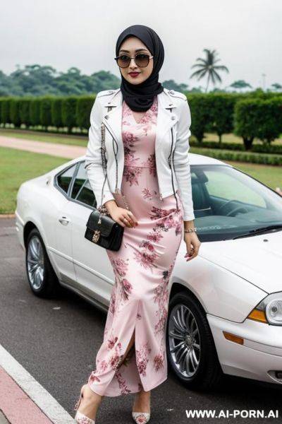 Beautiful malaysia women wearing pink hijab wearing long white floral dress with short black leather jacket - ai-porn.ai on pornsimulated.com