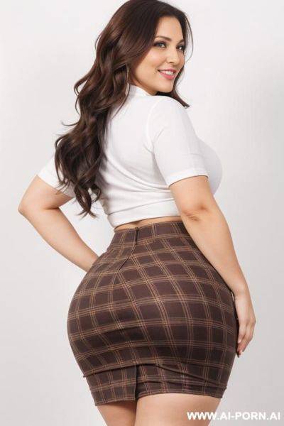 Woman, 34-year-old, greek, curvy figure, dark-brown hair, wide hips, thick thighs, big full breasts, big round buttocks, plaid skirt, from behind, smile, side view, wide-angle shot, (white background) - ai-porn.ai - Greece on pornsimulated.com