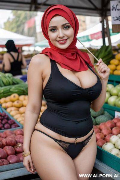 Smiling curvy russian busty wearing hijab، sleeveless shirt and panties standing in market - ai-porn.ai - Russia on pornsimulated.com