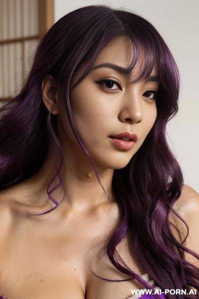 Immersive, lovingly craving japanese, flowing wavy purple hair, closeup in luxurious clothes, she is seductively tanned, loud pleasure, real-life sei-ra sodes-hiro, - ai-porn.ai - Japan on pornsimulated.com