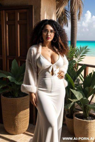 Tropical, arabic women, fluffy curly haïr, stand, full shot, glasses - ai-porn.ai on pornsimulated.com