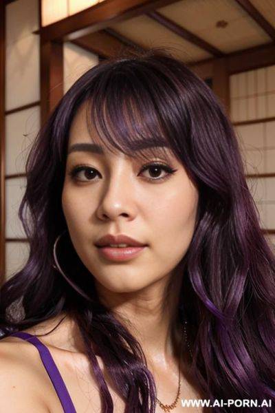 Immersive, lovingly craving japanese, flowing wavy purple hair, closeup in luxurious clothes, she is seductively tanned, pleasure, real-life sei-ra sodes-hiro, - ai-porn.ai - Japan on pornsimulated.com