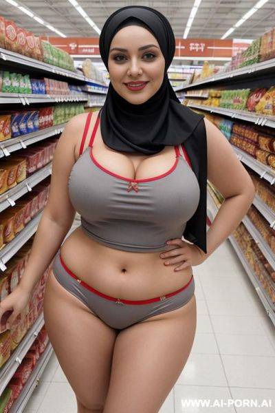 Smiling curvy russian thick wife wearing hijab، sleeveless shirt and red and gray panties standing in supermarket - ai-porn.ai - Russia on pornsimulated.com